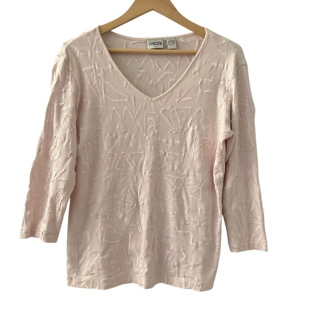 Chico's Pale Pastel Pink‎ Cotton Embroidered V-Neck 3/4 Sleeve Shirt Size 2
